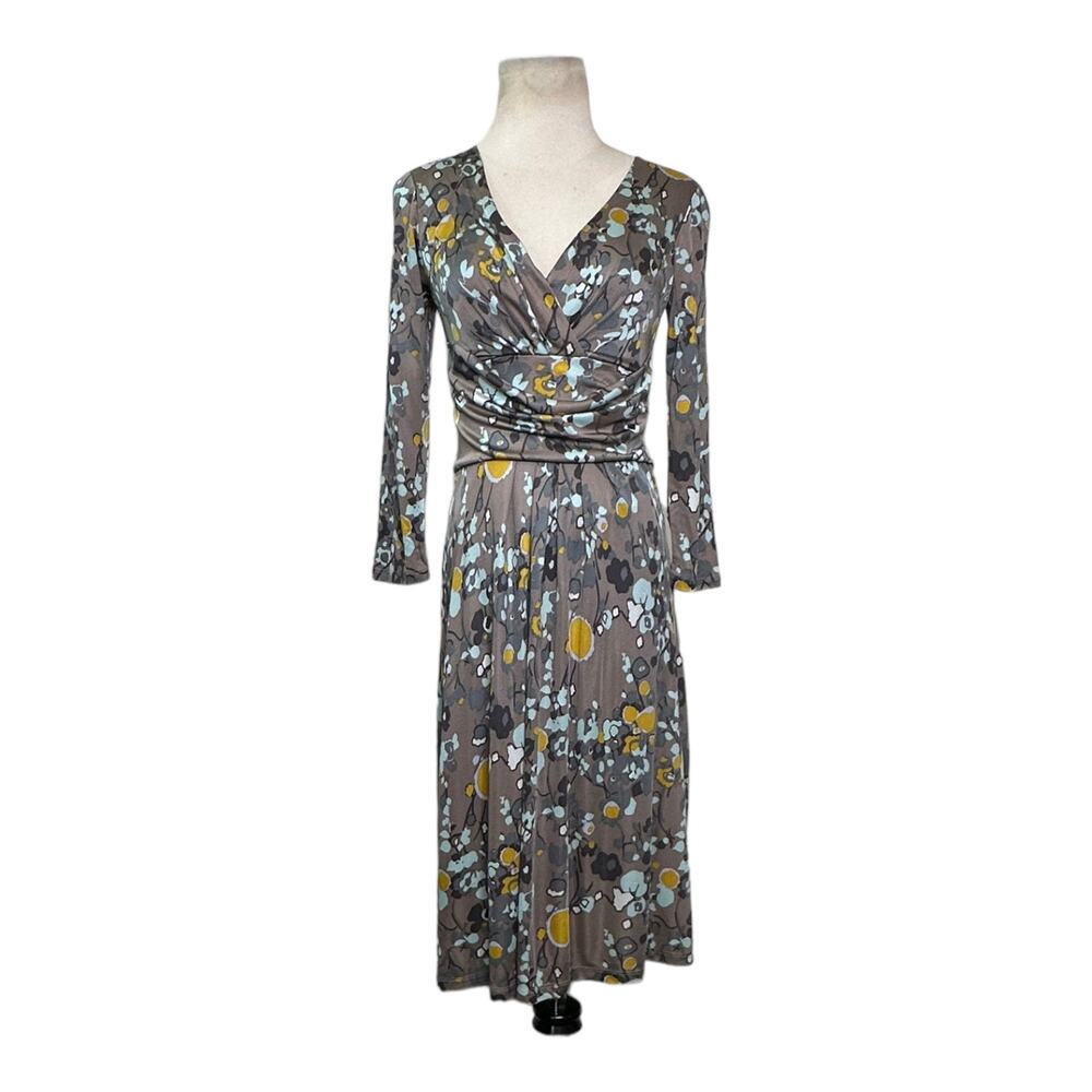 Boden Limited Edition Beige Blue Yellow Floral Surplice Pleated Skirt Dress 4